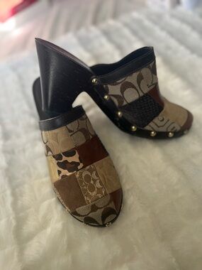 Coach Patchwork Logo & Leather Clog Mules in Brown Multi size 11.